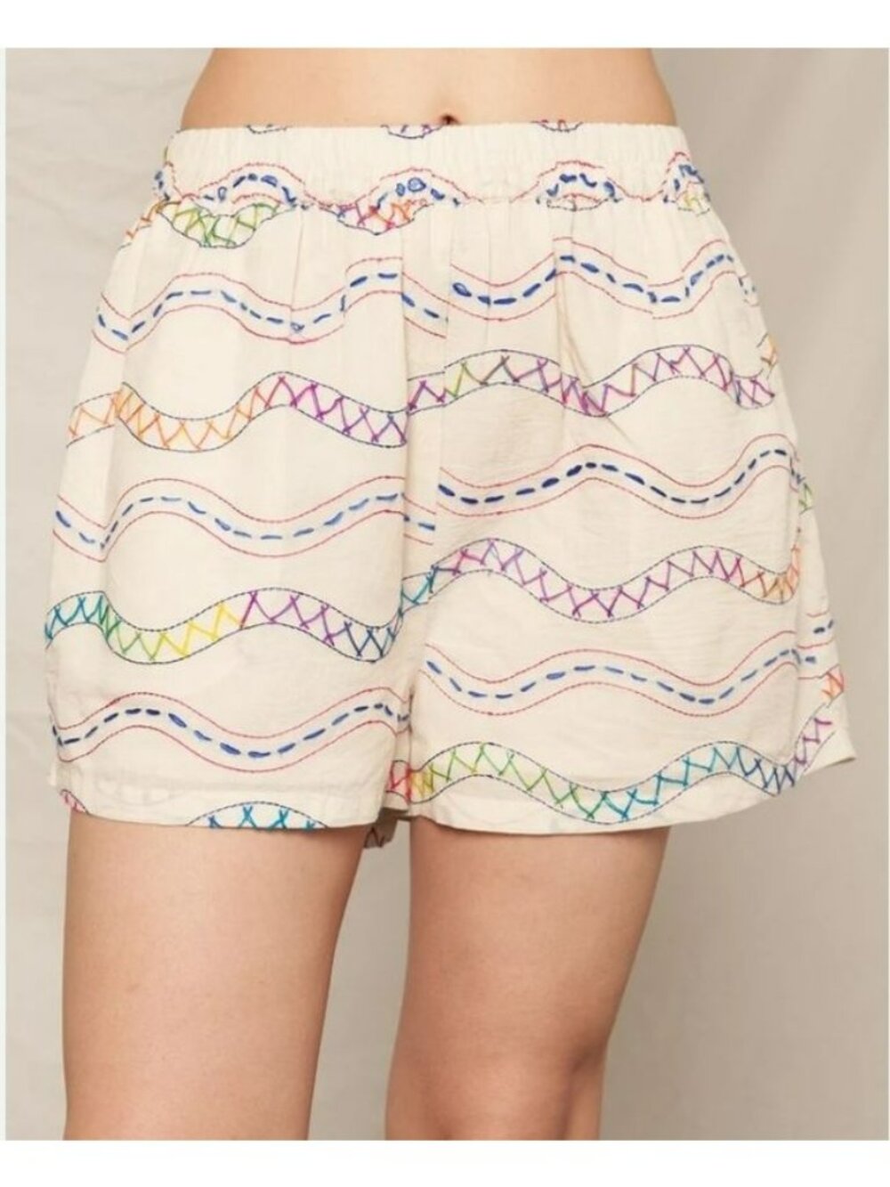 En Crème Womens Embroidered 100% Cotton Shorts Elastic Waist Medium Multicolor